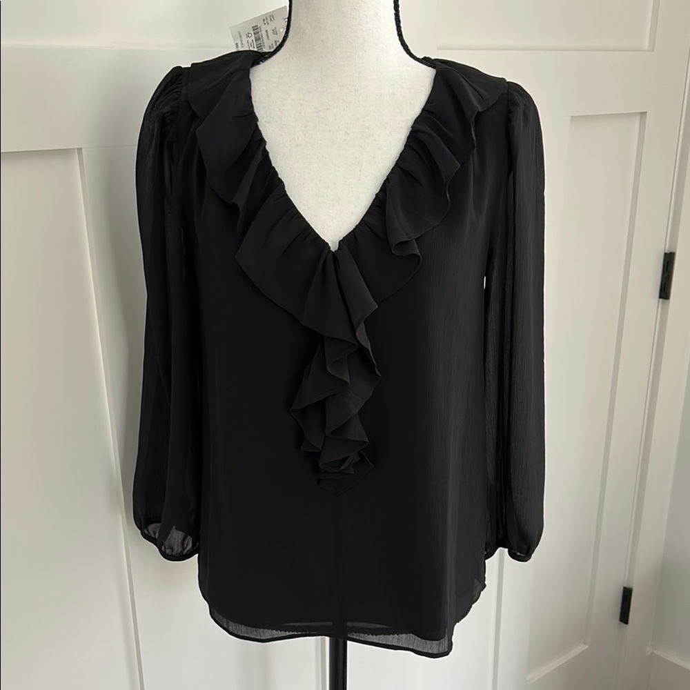 J. Crew Black Ruffled V-Neck Blouse